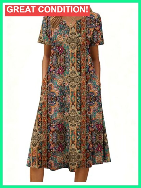 Dresses & Skirts - Casual Short Sleeve Pleated Midi Dress with Pockets Flowy Beach Sundress